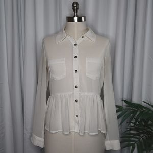 Sheer Peplum Babydoll Button-Up Blouse
